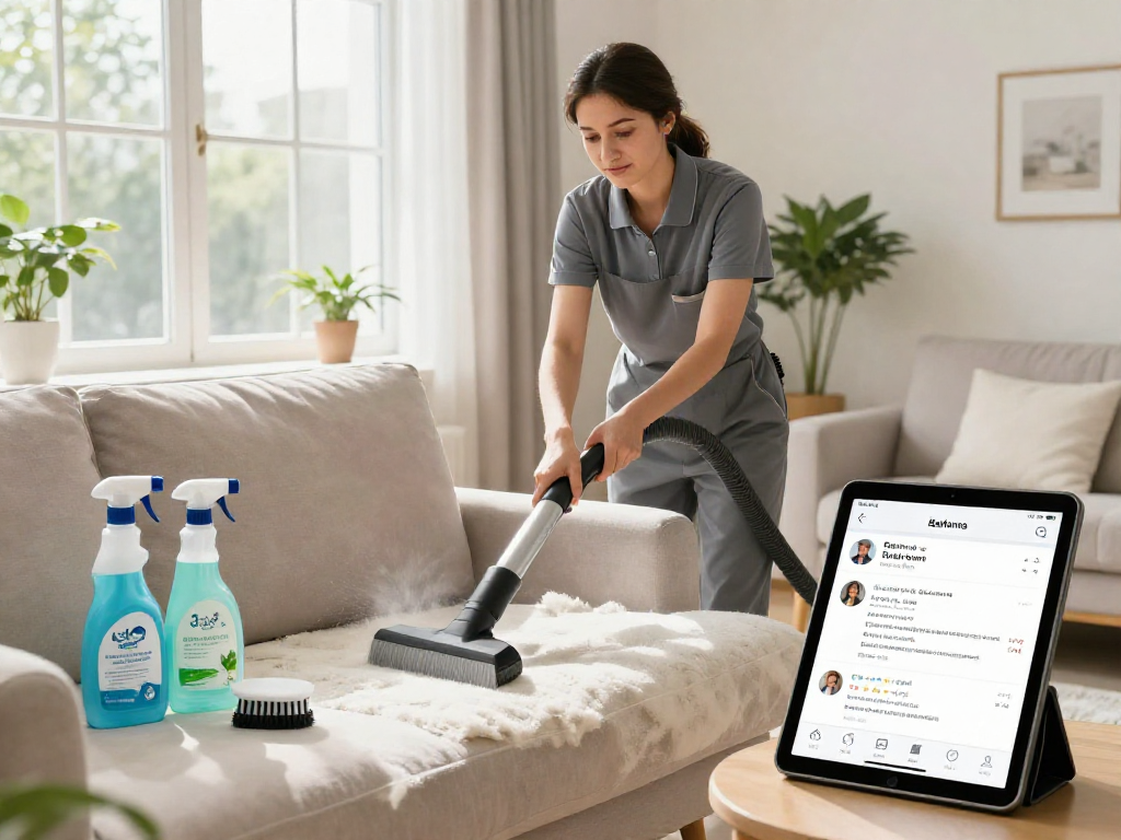 Pranie tapicerki Panda Cleaner w jasnym salonie, profesjonalna usługa czyszczenia z pozytywnymi opiniami klientów.