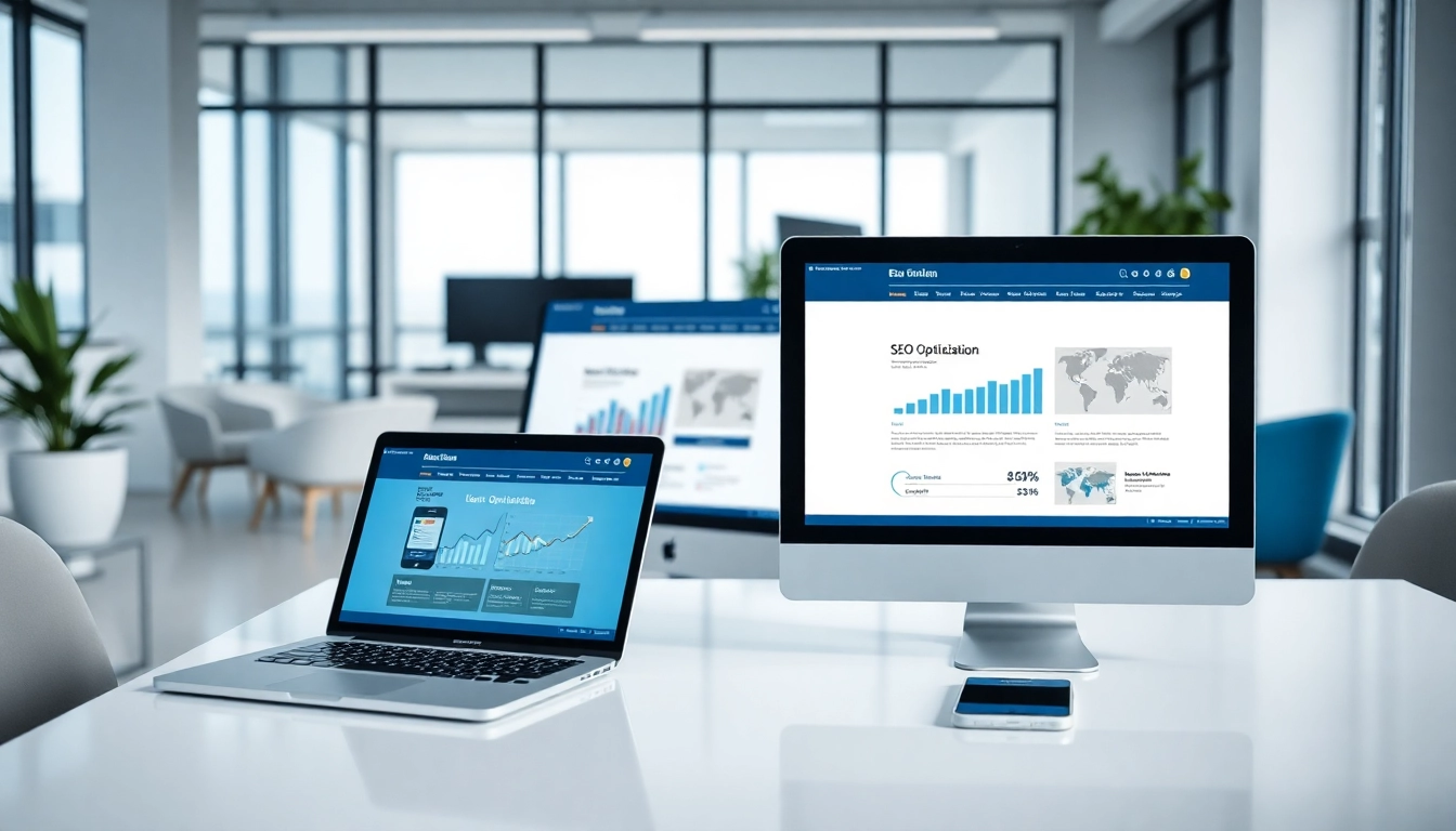 Dynamic website interface showcasing dịch vụ thiết kế website on multiple devices in a modern office.