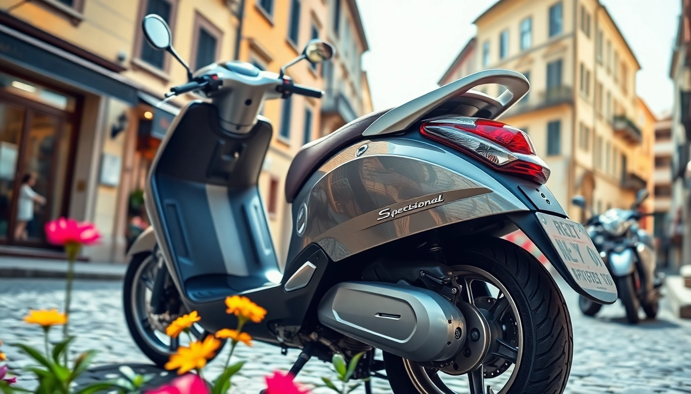 roller 50ccm kaufen: Schickes 50cc Scooter auf Straße mit Blumen und historischem Hintergrund