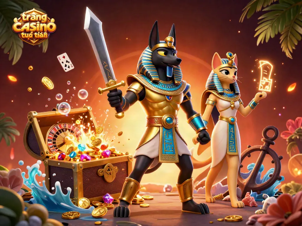 trang casino trực tuyến trong hình ảnh minh họa 3D với Anubis và Bastet, quay roulette đầy vàng