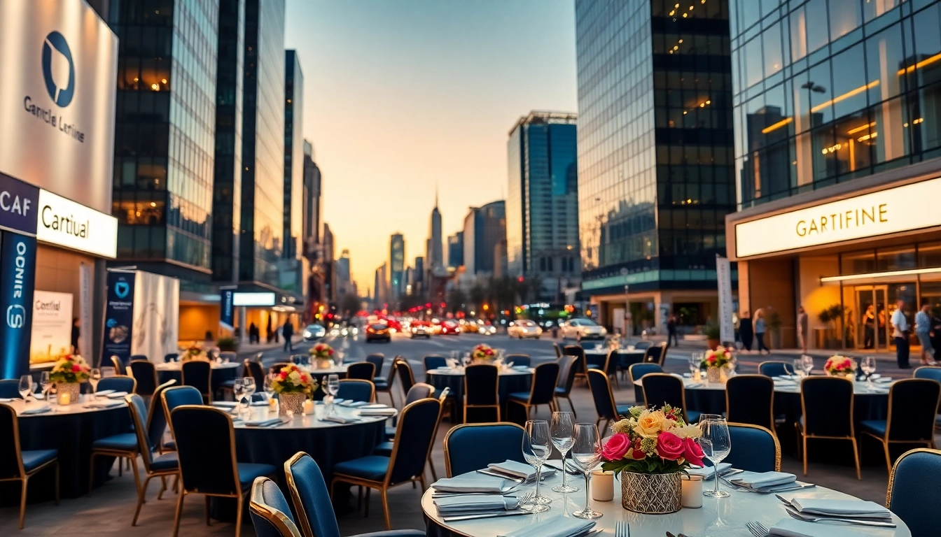 Corporate Event Rentals elegantly set up in a professional urban environment showcasing tables, chairs, and decor.