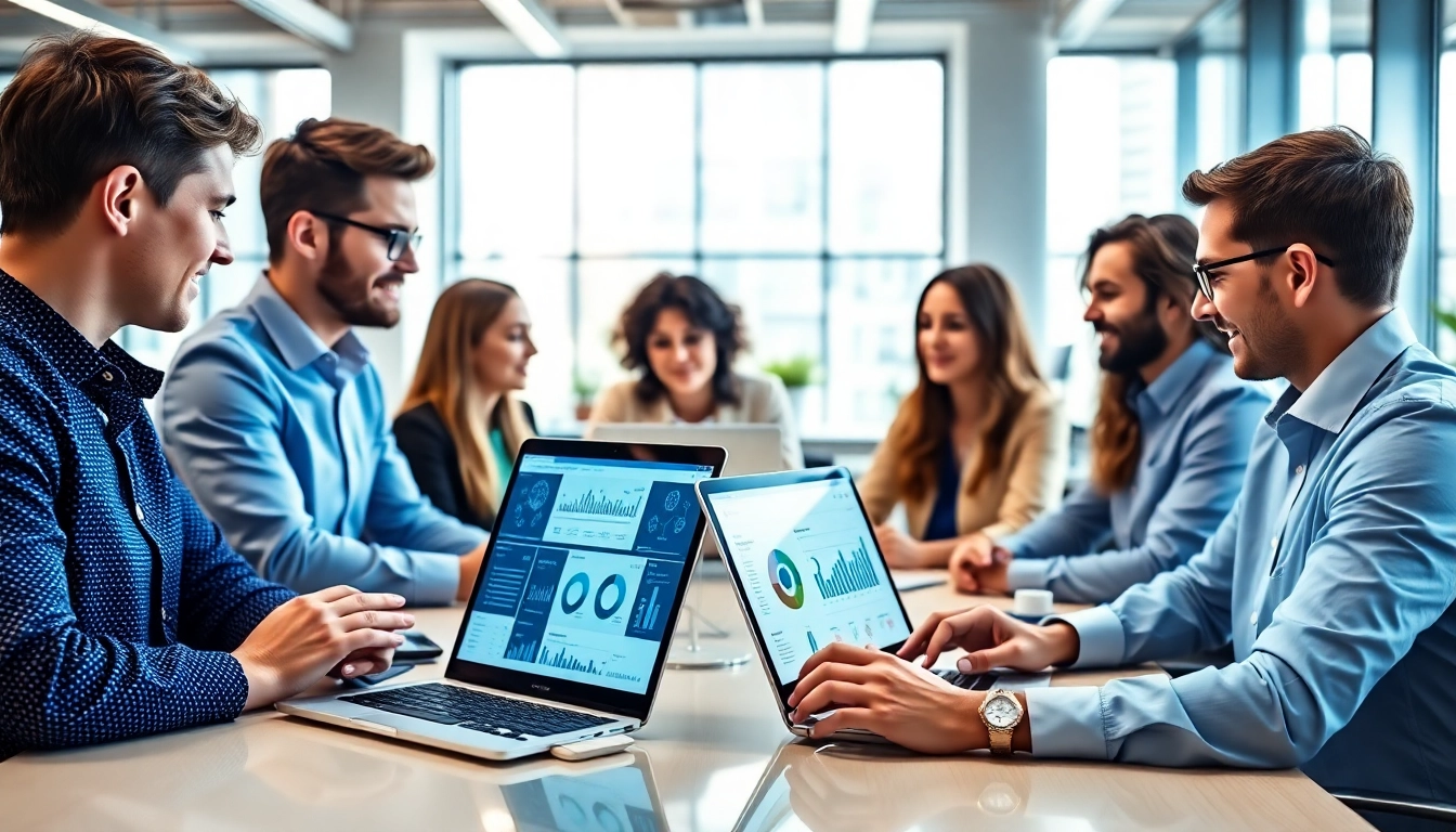 Engaged team collaborating using enterprise assistant software in a modern office setting.