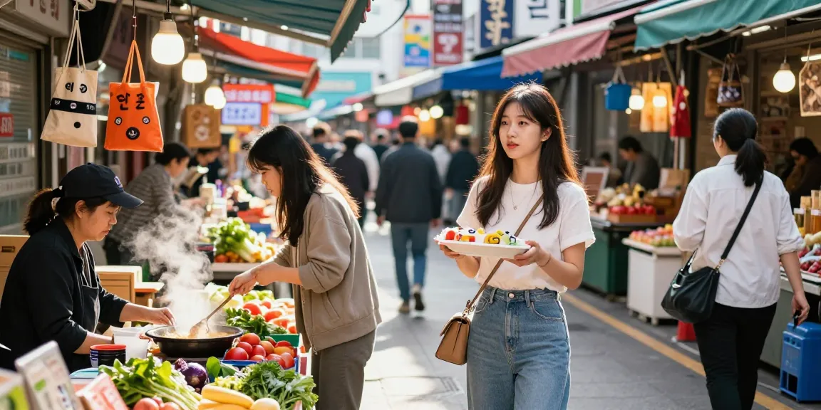 달토 요리를 들고 있는 젊은 여성과 활기찬 시장 풍경