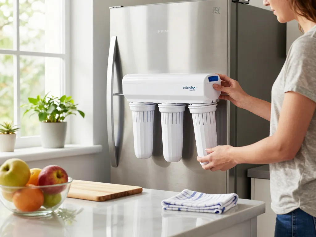 Replacing Waterdrop UKF8001 Refrigerator Water Filter 4 in a modern kitchen, showcasing fresh fruits and natural lighting.
