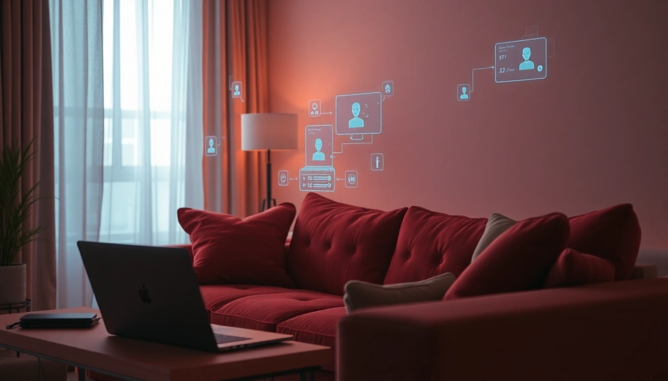 Engaging AI sex chatbot interface in a modern, intimate setting with ambient lighting.