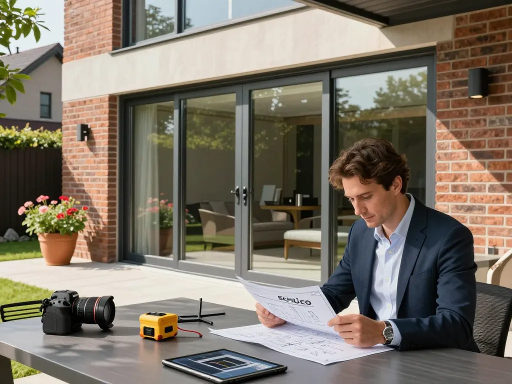 Innovative fenster schüco Installationen in einem modernen Wohnumfeld mit Architekt, der Designs überprüft.