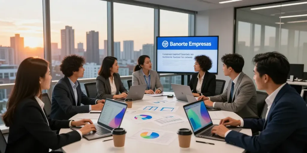Team discussing Banorte Empresas financial solutions in a modern office.