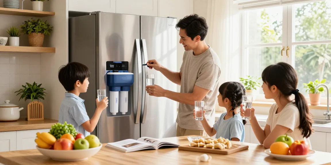 Family installing Maxblue DA29-00020B Refrigerator Water Filter in a bright kitchen.