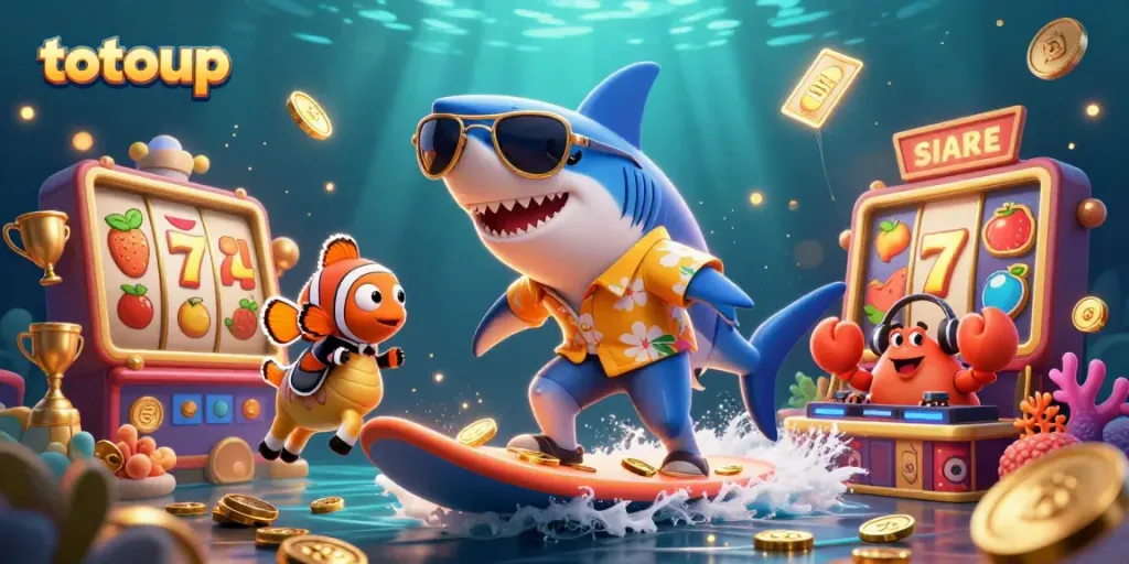 Experience the excitement of totoup gaming with a shark surfing on gold coins in a vibrant slot scene.