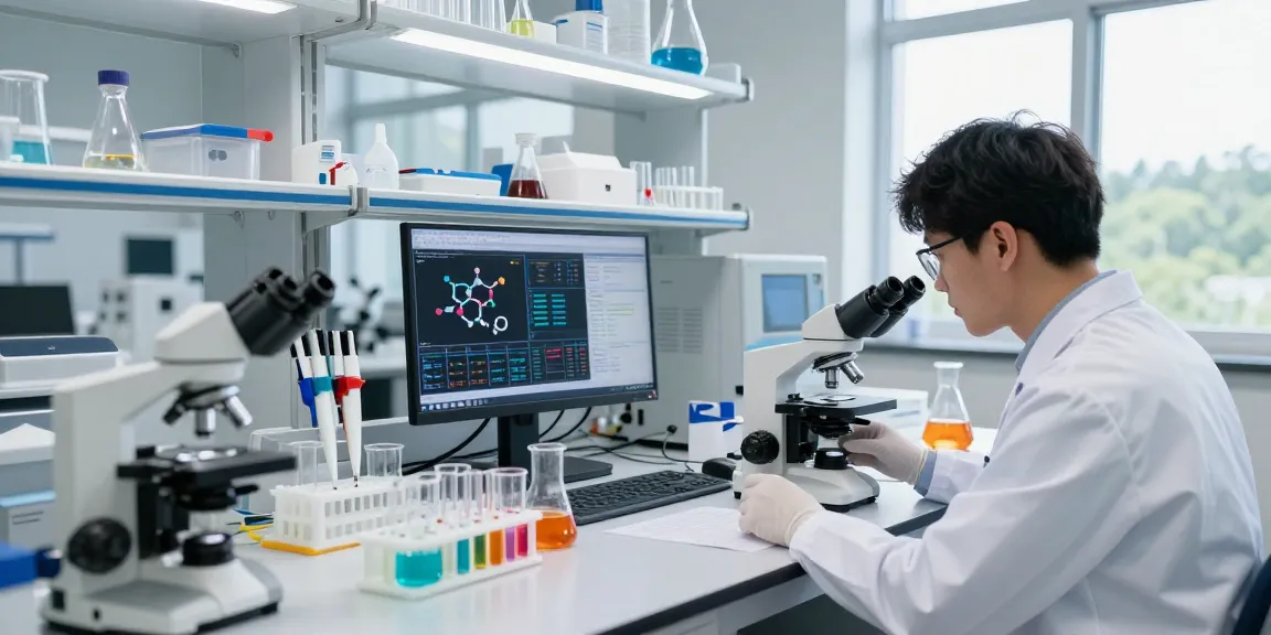 SwissChems Peptides research laboratory scene with scientist conducting experiments and colorful solutions