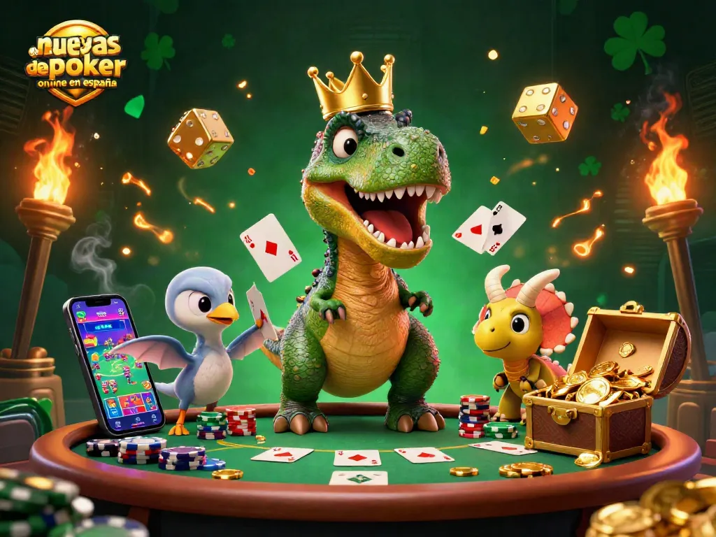 Ilustración de nuevas salas de poker online en España, donde un T-Rex juega cartas con amigos mientras apilan fichas doradas.