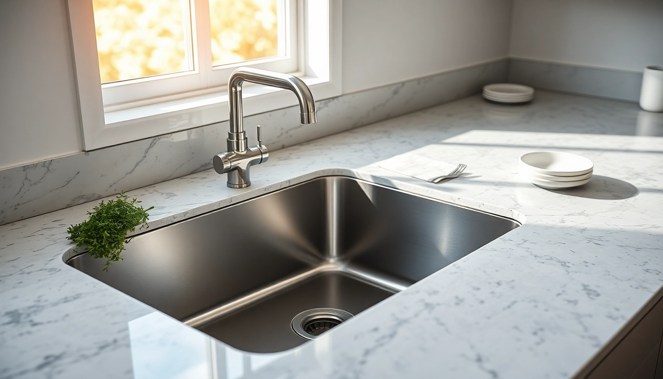 Elegant steel sink featured in a modern kitchen, emphasizing its sleek design and functionality.