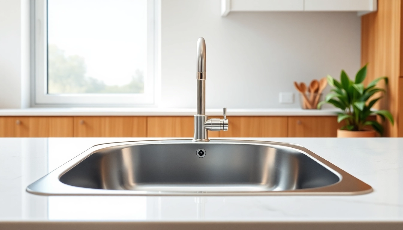 Stainless steel sink with sleek design reflecting light in a modern kitchen setting.