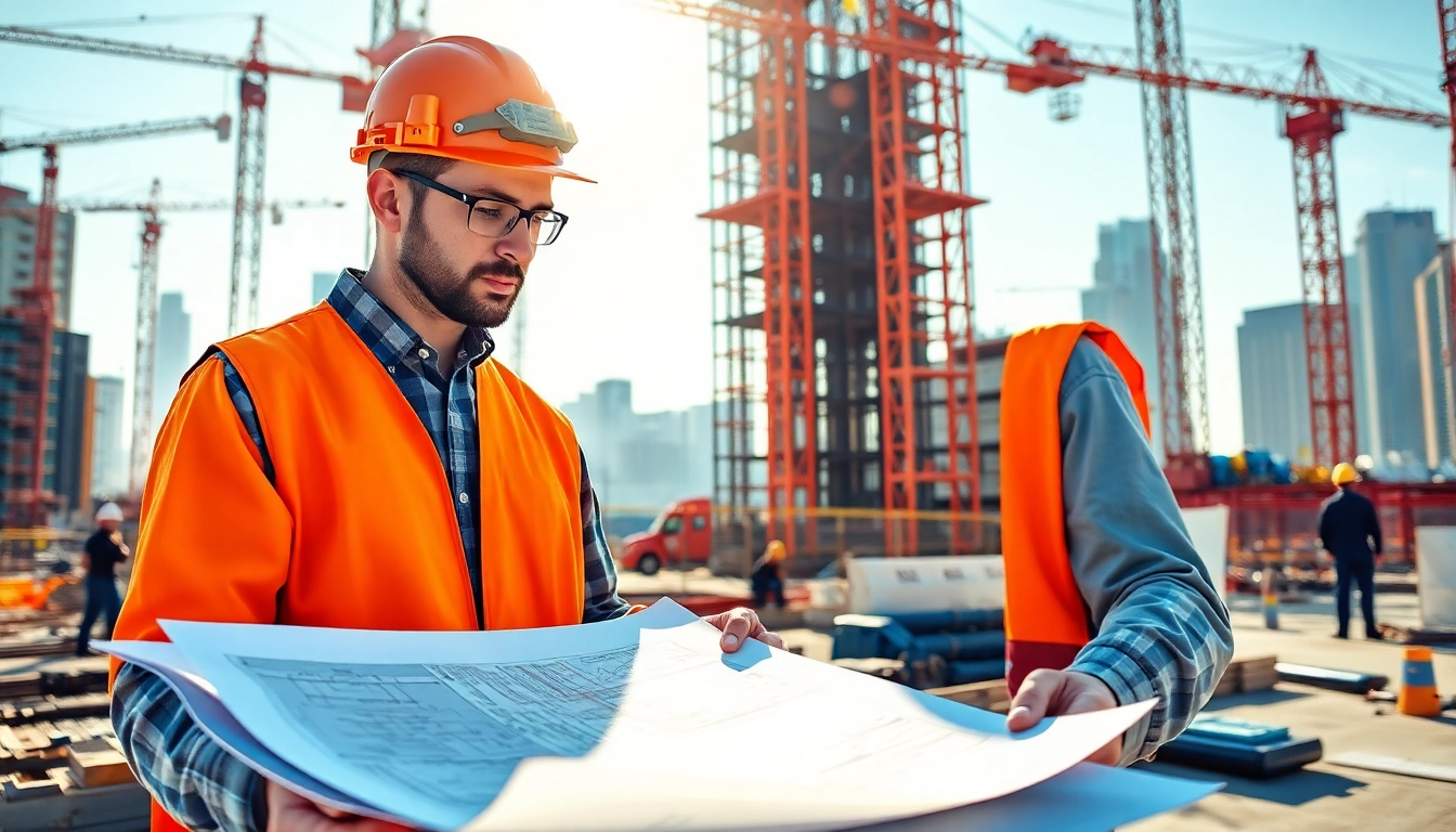 New York Construction Manager examining plans on-site to improve project management and efficiency.