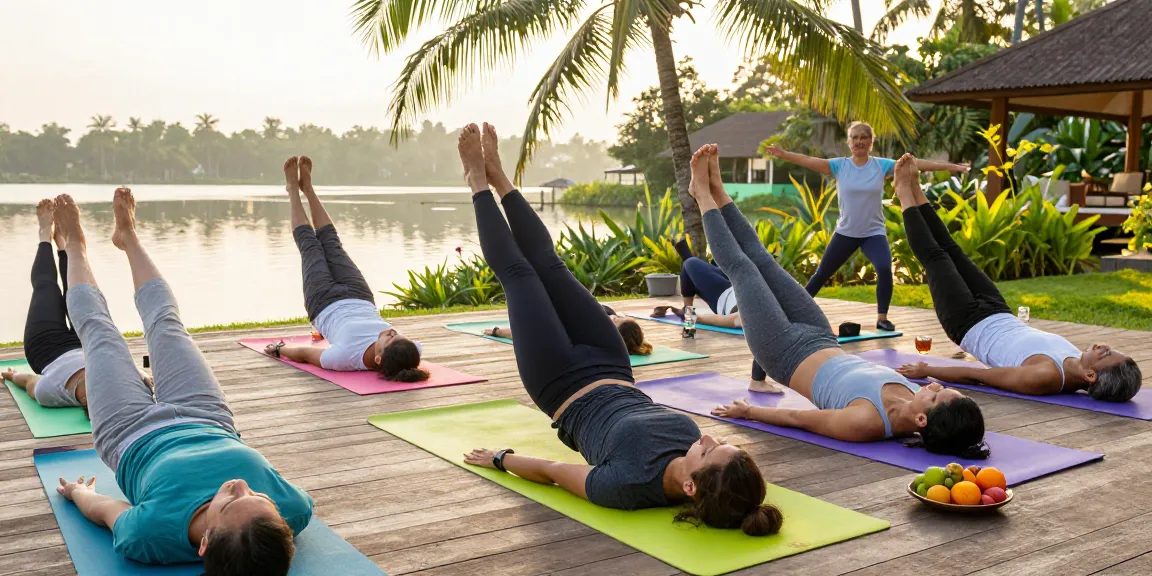 Synergy vinyasa yoga teacher training at Lanka Yoga retreat with diverse students practicing yoga in a serene lakeside setting
