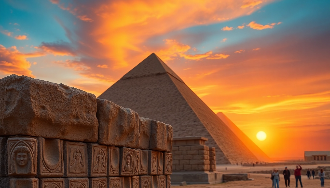 Ancient piraminds standing majestically against a sunset sky with tourists admiring