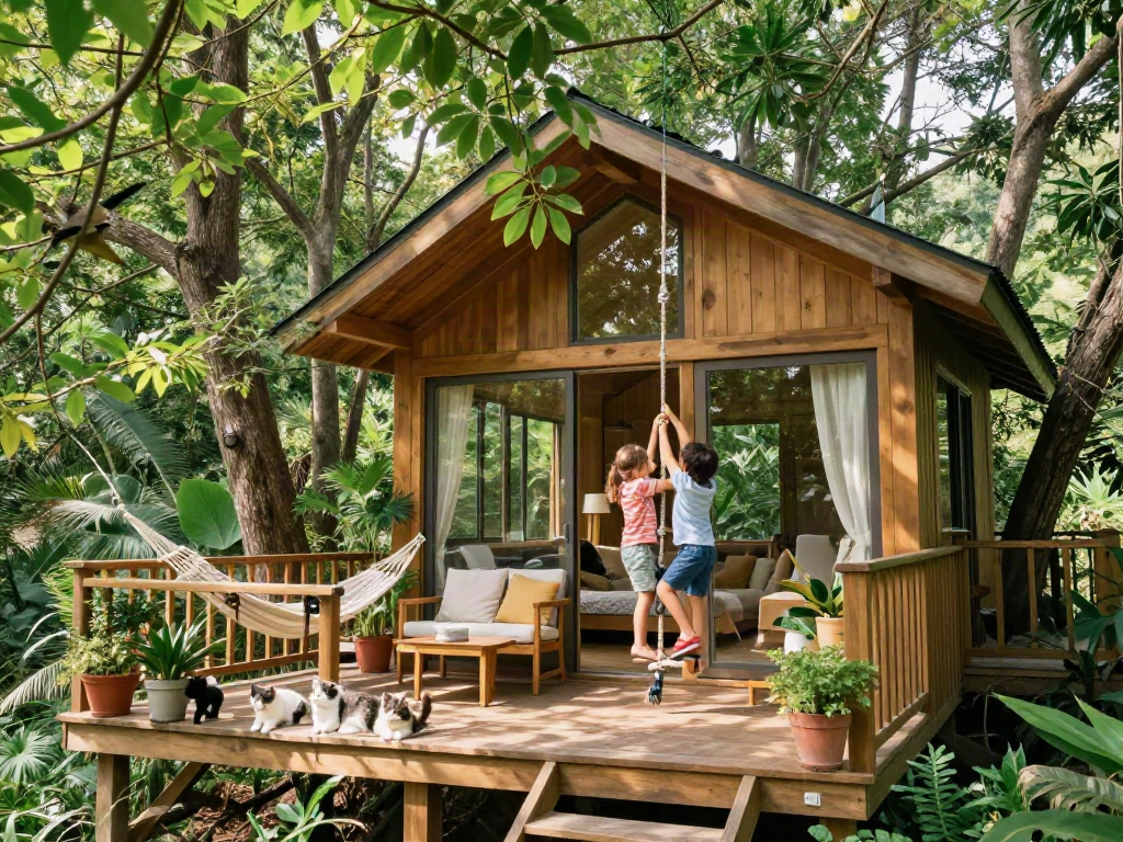 Tree house life experience, family enjoying nature in a serene treehouse.