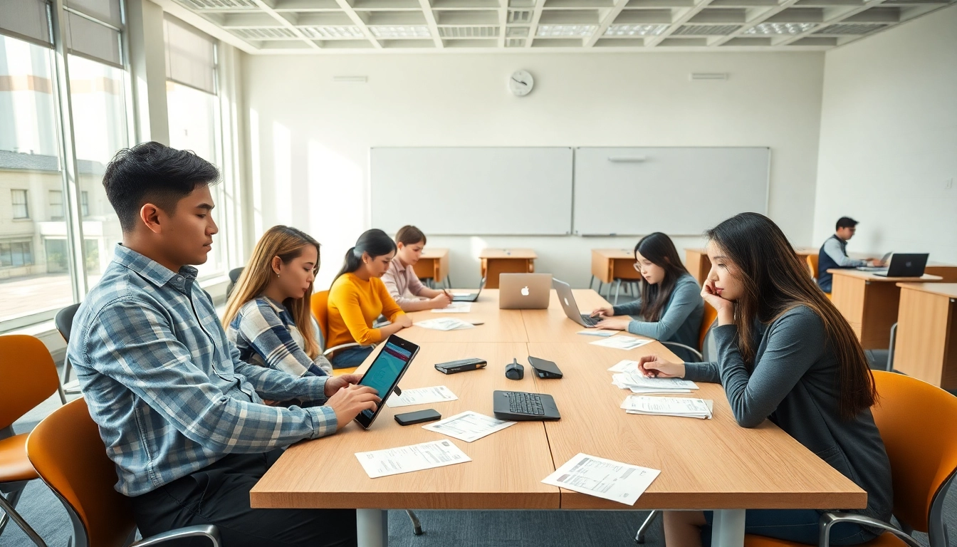Visual representation of alternatives to traditional exam with students in a modern classroom.