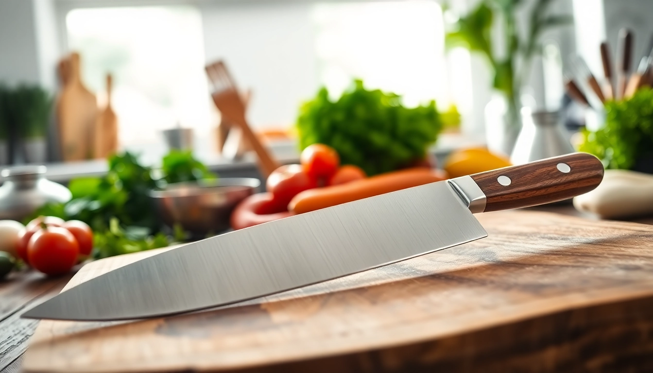 Showcasing a chef’s knife NZ on a wooden cutting board among fresh ingredients.