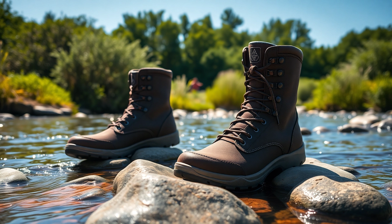 Experience comfort and durability with fly fishing boots on river rocks in nature.