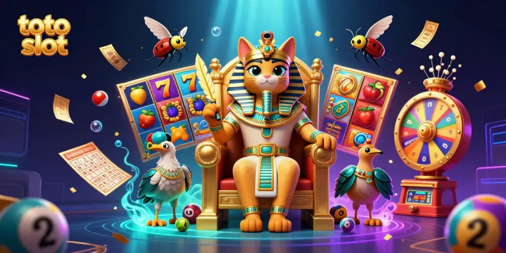 Engage with the exciting toto slot world featuring a pharaoh cat and vibrant game elements.