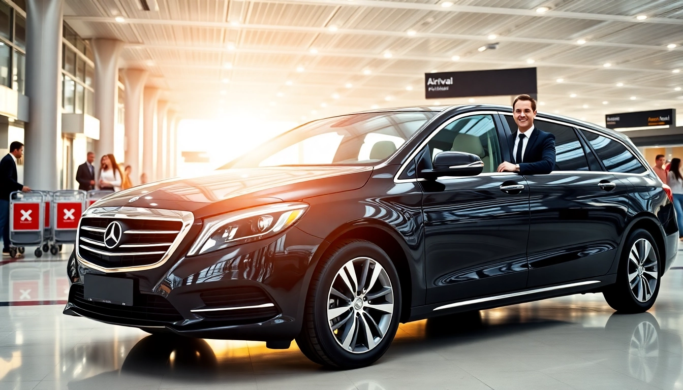 Experience seamless Private Airport Transfers with a luxury black car and a friendly driver at the terminal.