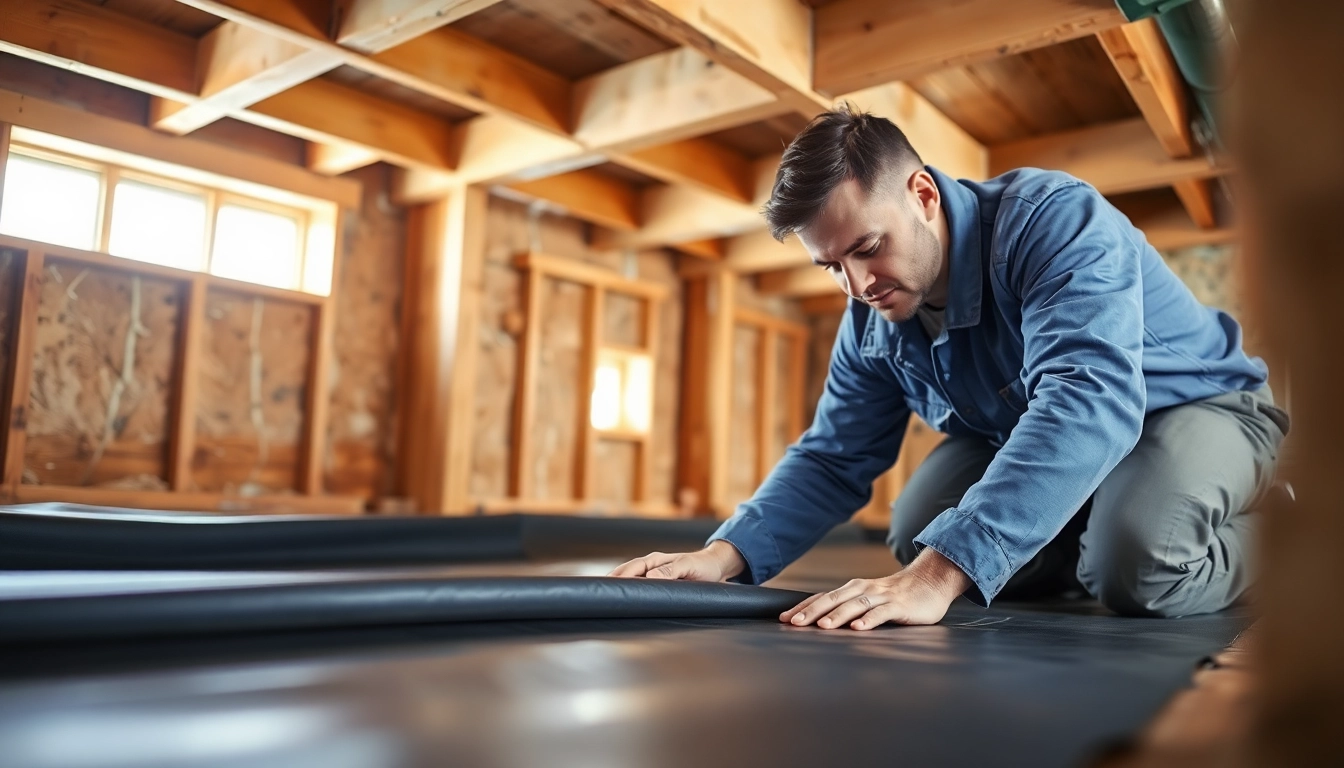 Vapor Barrier Installation happening efficiently in a crawl space by a skilled technician.