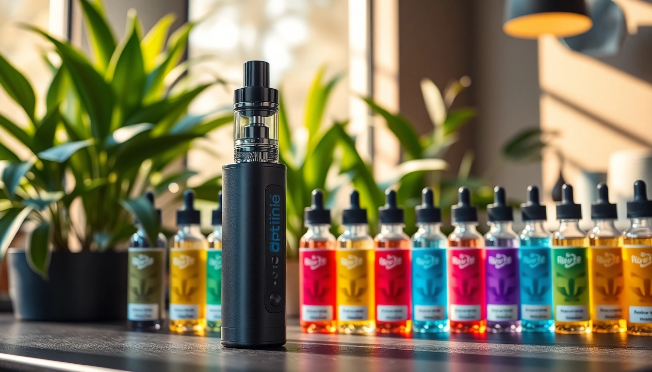 Vape ohne nikotin in a stylish lounge setting with vibrant e-liquid bottles.
