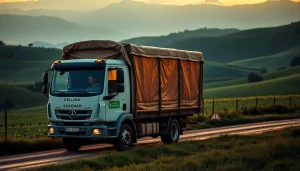 Transporte de colmenas en un camión en un entorno rural durante el atardecer, mostrando colmenas bien aseguradas.