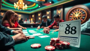 Experience the thrill of high-stakes gambling with XX 88 at an exciting poker table filled with vibrant cards.