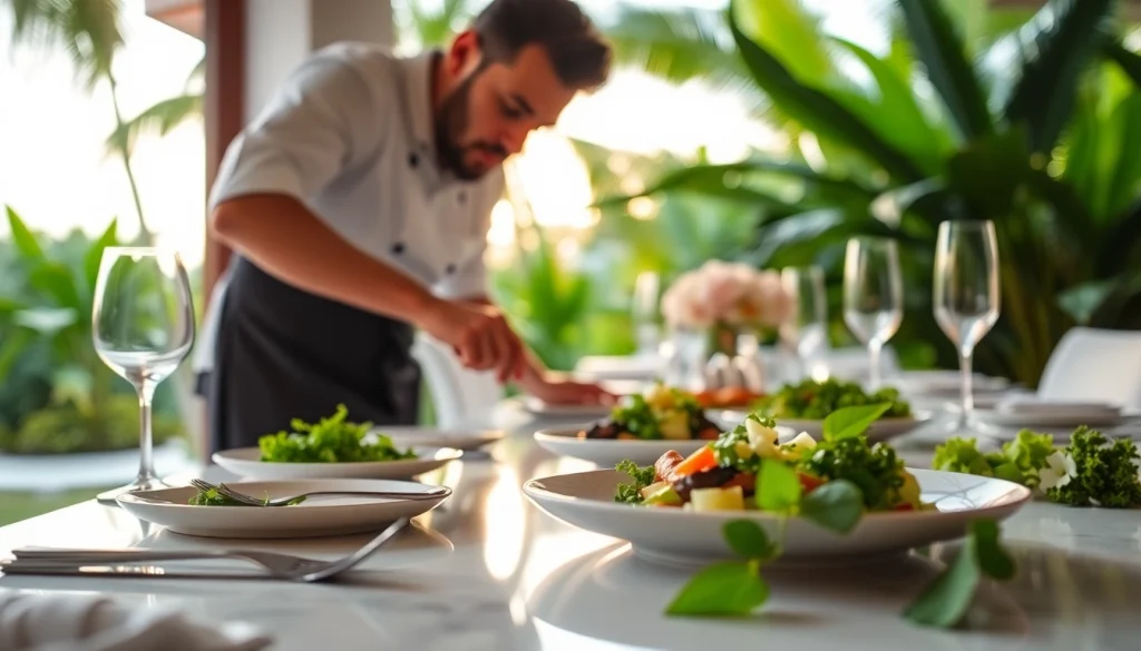 St Martin Private Chef arranging a gourmet dish in an elegant villa setting with vibrant fresh ingredients.