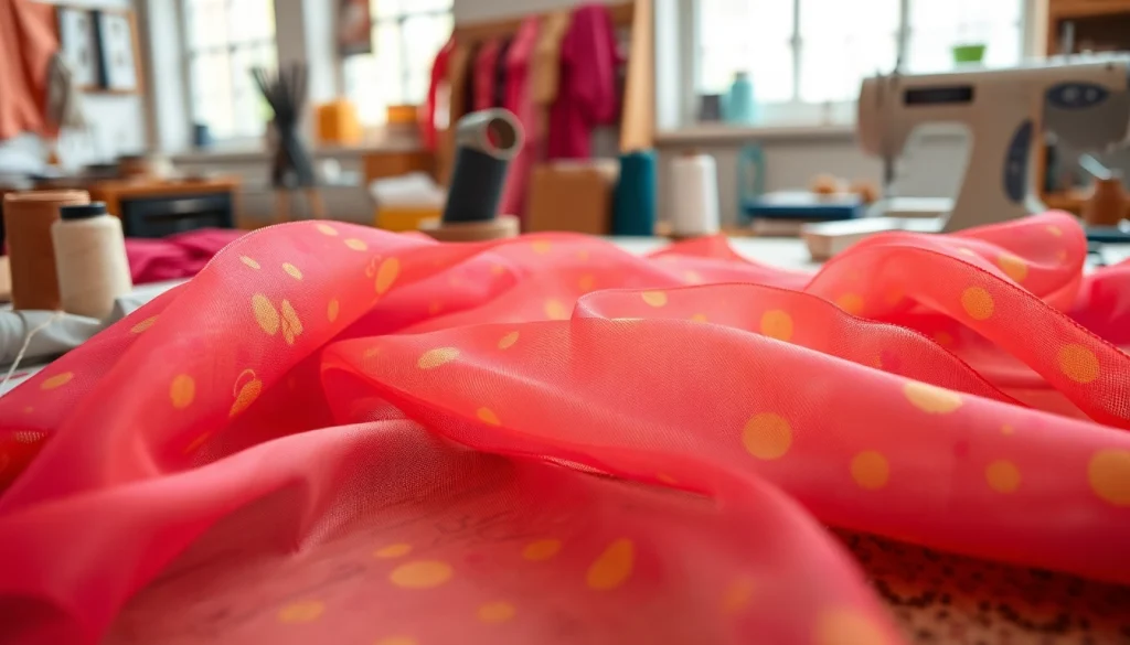 Mousseline stof met delicate textuur en kleurrijke patronen in een naaiatelier.