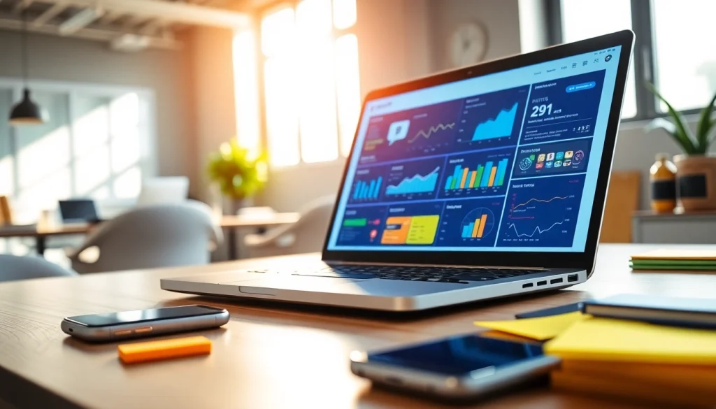 Showcase of a cheap smm panel dashboard on a laptop in a vibrant marketing workspace.