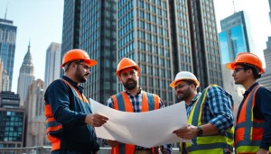 Engaged team of Manhattan Commercial General Contractors discussing plans on a construction site.