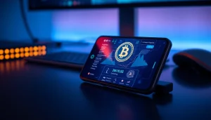 Showcasing a cloud mining app interface on a smartphone with Bitcoin graphics.