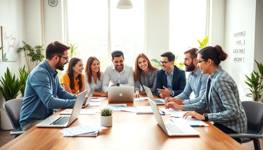Engaged team discussing small business jobs in a bright, modern office setting.