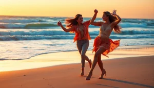 Dynamic dancers showcasing Carolina Dance moves on a beach at sunset.