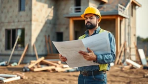 Professional New Jersey General Contractor inspecting construction site with blueprint.