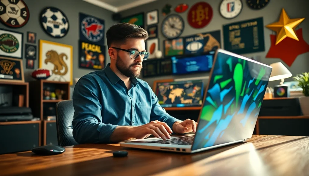 Explore the best sports betting sites Mexico with a sports betting enthusiast in a modern office.