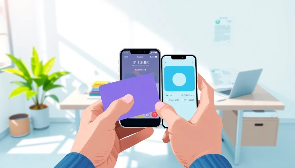 카드 현금화 프로세스를 보여주는 손과 스마트폰 설치 그림