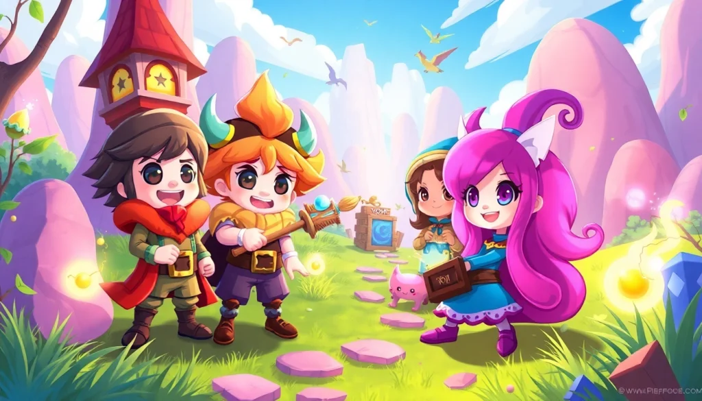 Explore Yono games with characters in a colorful fantasy setting, showcasing vibrant adventure.