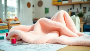 Fleece stof soepel gedrapeerd op een naaitafel, verlicht door natuurlijk licht.