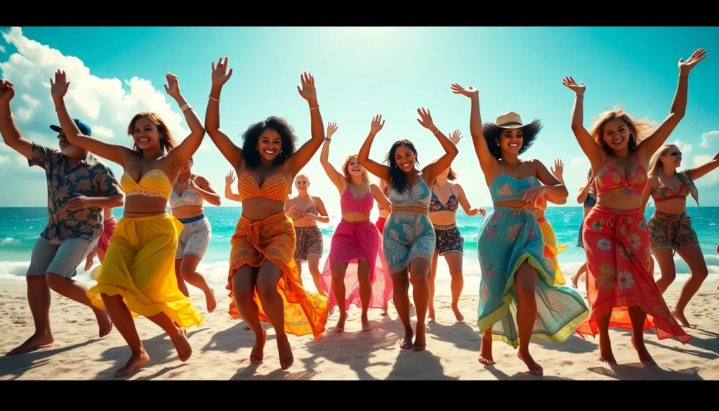Group of dancers showcasing the Carolina Dance energetically on a sunlit beach.