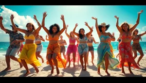Group of dancers showcasing the Carolina Dance energetically on a sunlit beach.