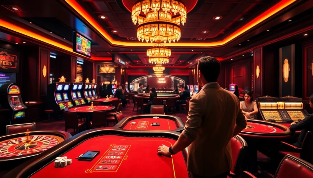 Explore the thrill of winning at MM88's vibrant casino scene with poker tables and illuminated slot machines.