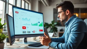 YouTube smm panel analysis in a modern office, showcasing digital marketing strategies.