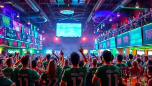 Fans enjoying the excitement of koora football in a lively sports bar atmosphere.