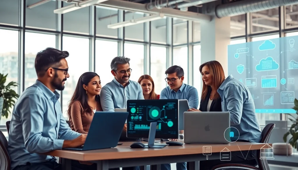 Team providing Managed IT Services discussing data analytics in a modern office space.