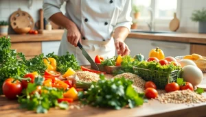Chef preparing Mediterranean diet meal with fresh vegetables and herbs in a sunlit kitchen.