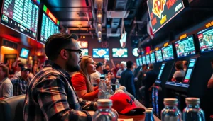 Alabama sports betting scene with excited fans engaging in sports betting activities.
